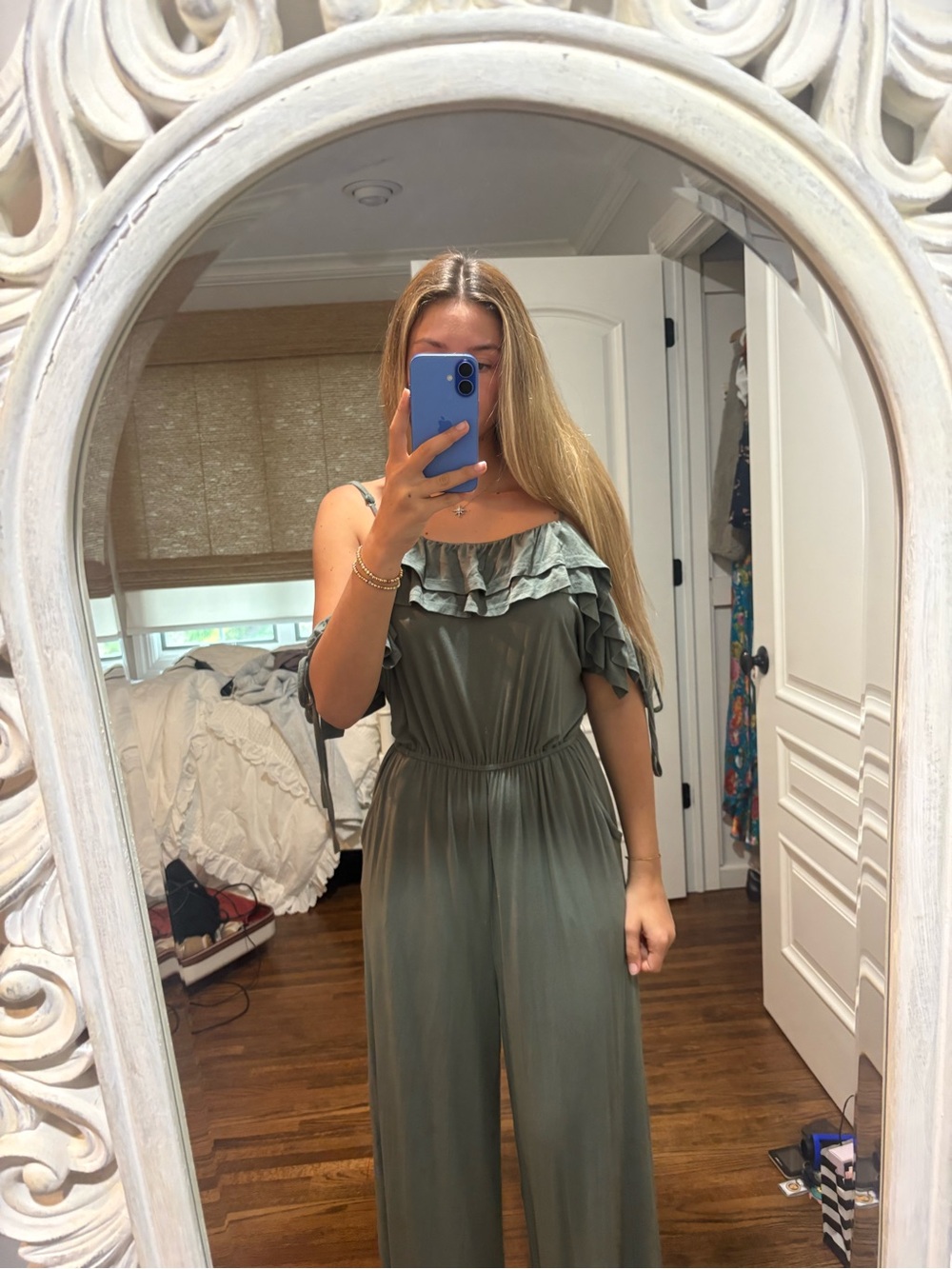 Olive Green Ruffle Off-Shoulder Jumpsuit